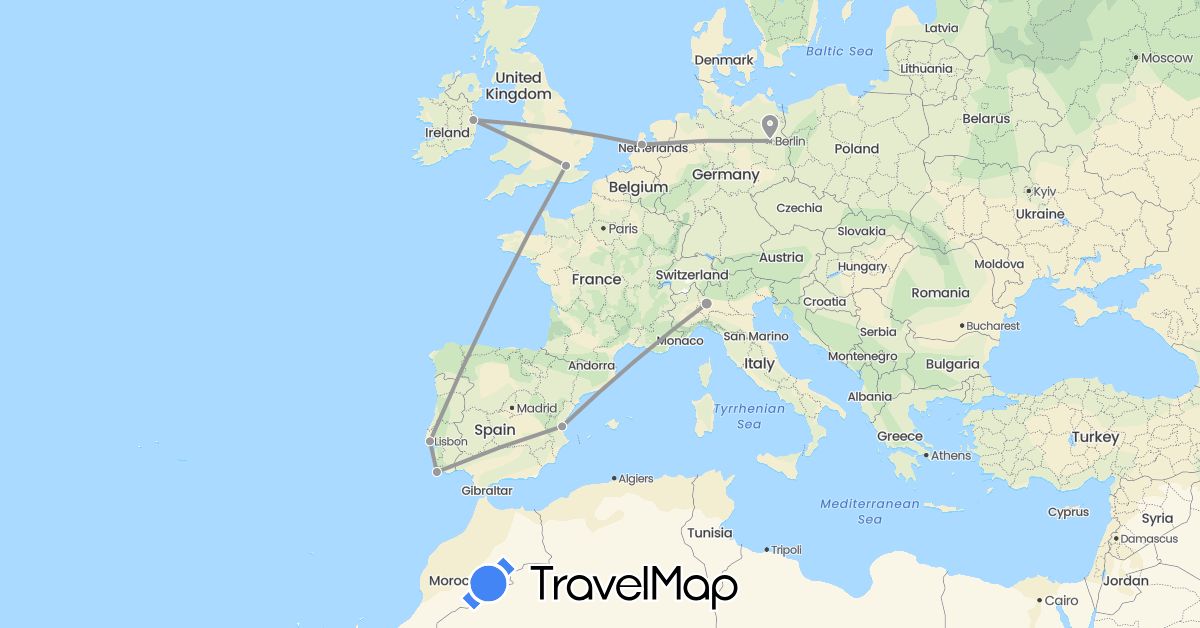 TravelMap itinerary: driving, plane in Germany, Spain, United Kingdom, Ireland, Italy, Netherlands, Portugal (Europe)